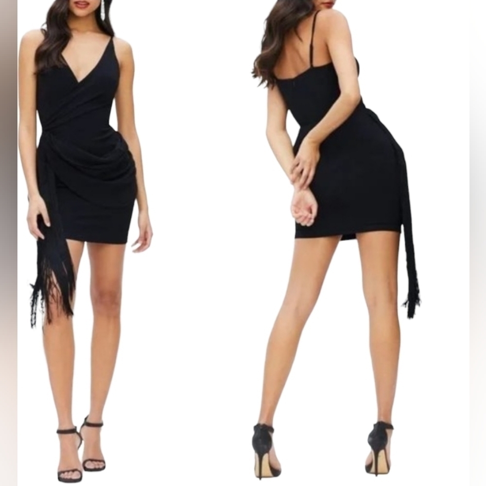 Dress The Population Alida Crepe Fringe Mini Dress Black NWT Size XS/S